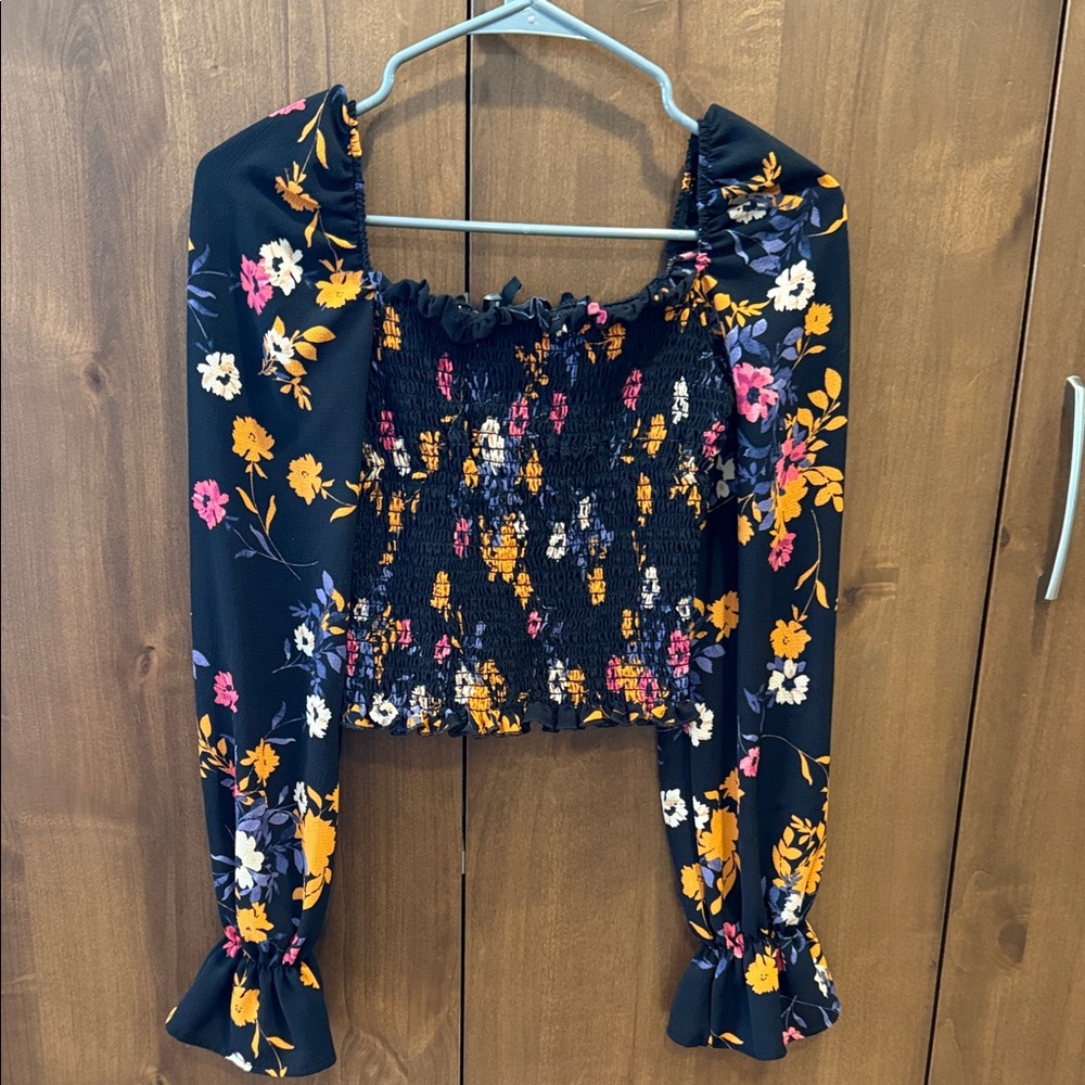 Abbeline Black Floral Smocked Crop Blouse